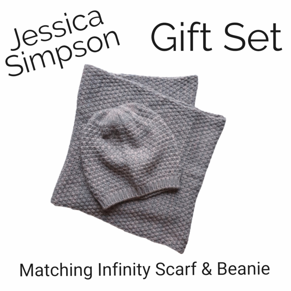 Jessica Simpson Matching Grey & Pink Knit Infinity Scarf & Beanie Set Sz OS - Picture 15 of 15